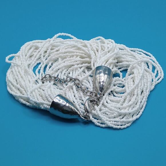 Chico's White Seed Bead Necklace, 30 Strands, Hammered Silver End Caps, 26 Inch - Picture 8 of 12